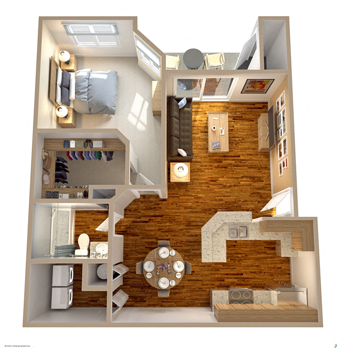 Floor plan for 1 bed, 1 bath, 800 sqft